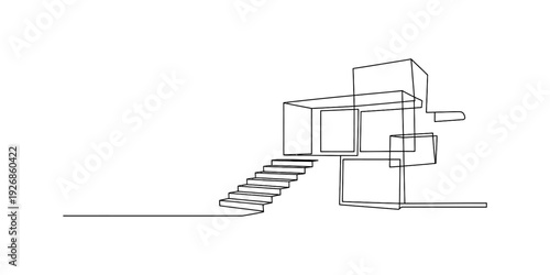 Minimalist architectural line drawing of a contemporary building design featuring an external staircase. Vector, illustration