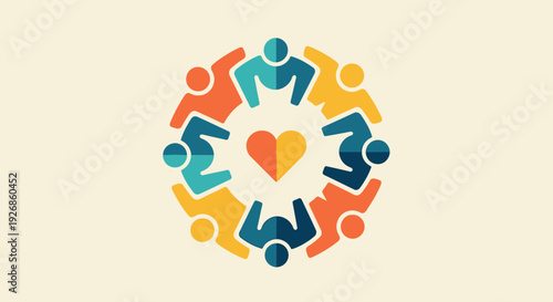 A harmonious flat design circular logo for the International Day of Happiness, showcasing abstract, interconnected diverse human figures forming a loop around a central heart. 