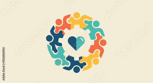 A harmonious flat design circular logo for the International Day of Happiness, showcasing abstract, interconnected diverse human figures forming a loop around a central heart. 