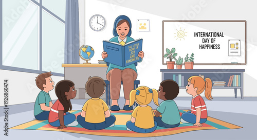 A charming flat design illustration of an elementary school teacher reading a story about joy to diverse children on the International Day of Happiness.