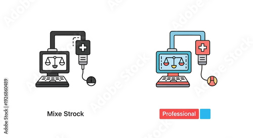 Medical law concept. Computer with scales and medical aid.