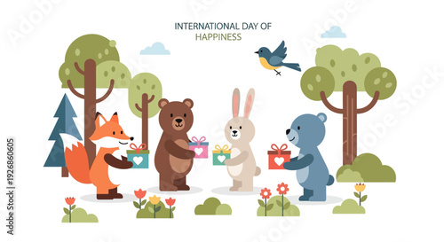 A whimsical flat design greeting illustration of diverse, cheerful animals exchanging 'gifts of joy' in a forest, celebrating International Day of Happiness.