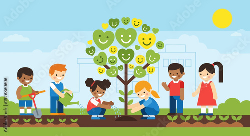 A charming flat design illustration of diverse school children planting a 'happiness tree' with heart and smile-shaped leaves in a school garden for International Day of Happiness. 