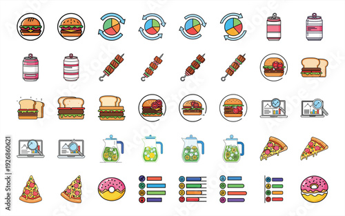Colorful food icons set including pizza sandwiches and drinks on white background for menu or restaurant design