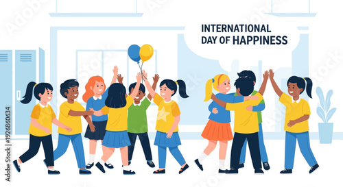 A lively flat design illustration of diverse elementary school children giving high-fives and group hugs in a school hallway, celebrating International Day of Happiness. 