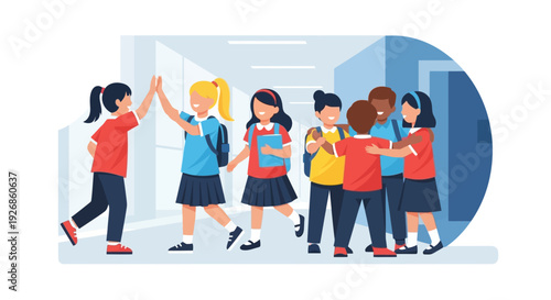 A lively flat design illustration of diverse elementary school children giving high-fives and group hugs in a school hallway, celebrating International Day of Happiness. 