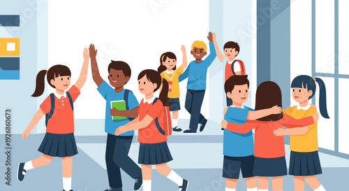 A lively flat design illustration of diverse elementary school children giving high-fives and group hugs in a school hallway, celebrating International Day of Happiness. 