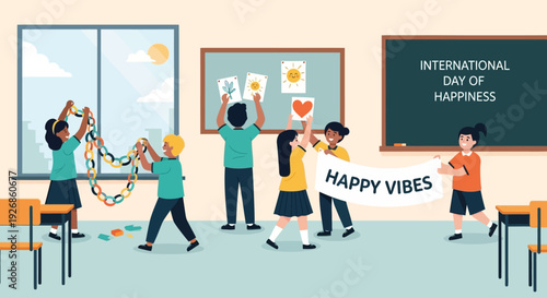 A vibrant flat design illustration of diverse school children enthusiastically decorating a classroom with colorful paper chains and cheerful drawings for International Day of Happiness. 