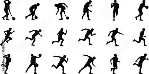 Male athlete sports silhouette set, basketball and running action poses, fitness training people, black vector icons isolated white background