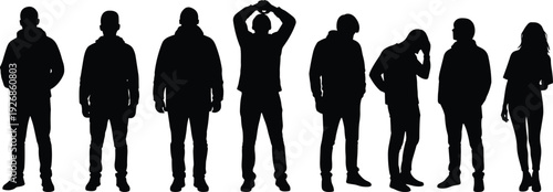 Group of young people silhouettes standing in different poses isolated on white background, urban youth lifestyle concept set