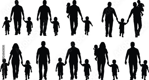 Collection of parent and child silhouettes walking together, family bonding moments isolated on white background vector illustration set