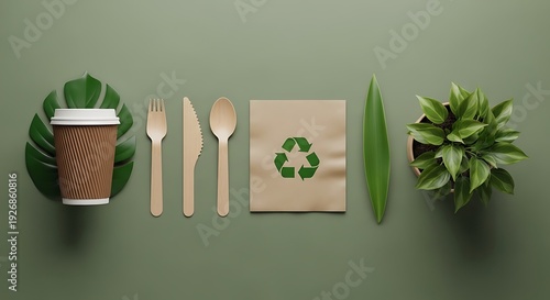Wallpaper Mural Eco friendly tableware and packaging on green background Torontodigital.ca