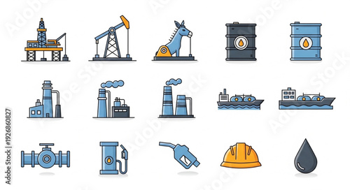 Oil industry icons representing various aspects of the oil and gas production process.
