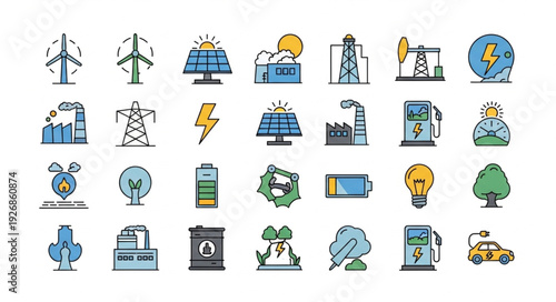 Collection of various energy sources and sustainable power icons.