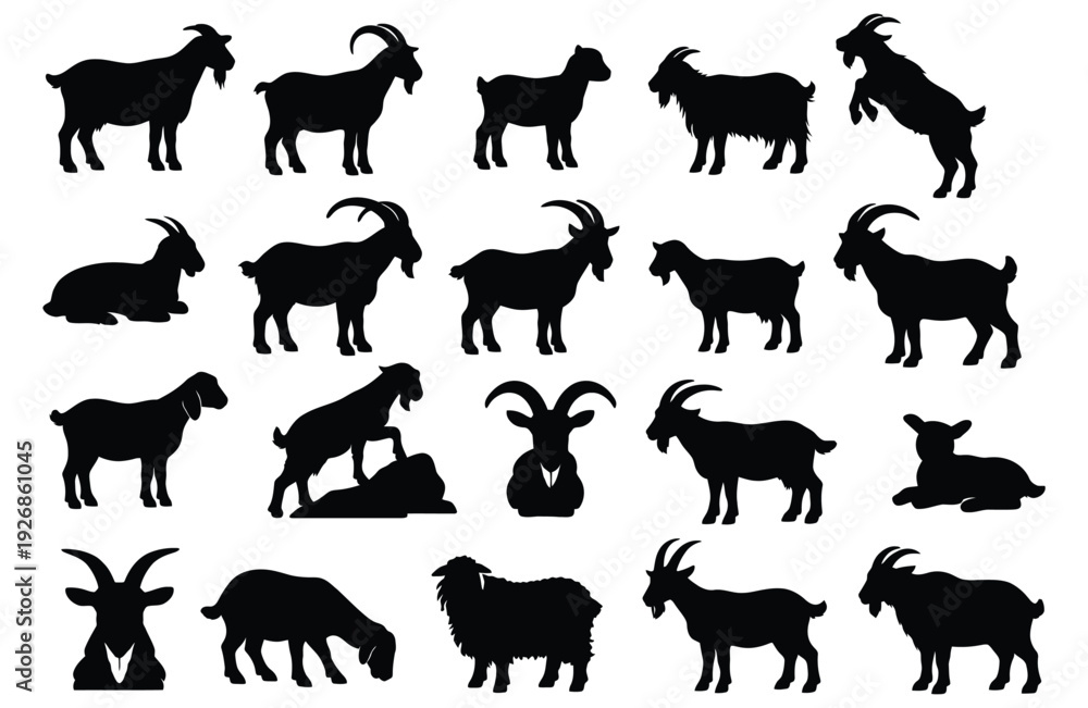 Fototapeta premium Collection of black goat silhouettes in various poses