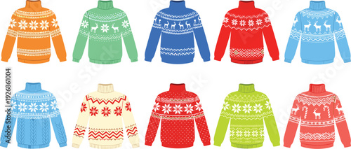 Colorful ugly Christmas sweater collection vector illustration with festive winter patterns reindeer snowflakes knitted holiday jumper set isolated design