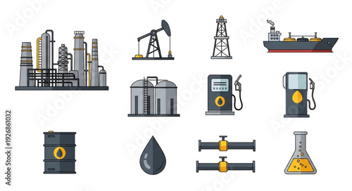 Oil and gas industry icons representing various aspects of the energy sector.