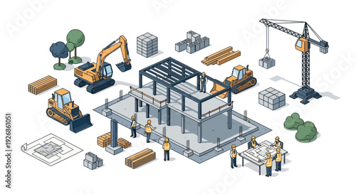 Construction Site Isometric View with Equipment and Workers.