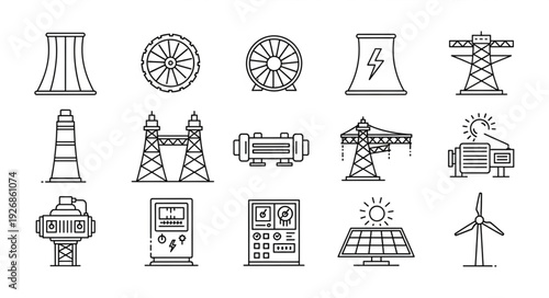 Collection of power generation and distribution icons representing energy sources.