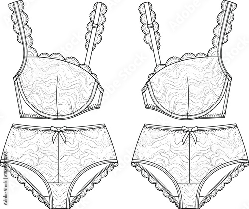 Elegant lace lingerie set vector illustration with bra and panties technical fashion drawing isolated detailed feminine underwear design template