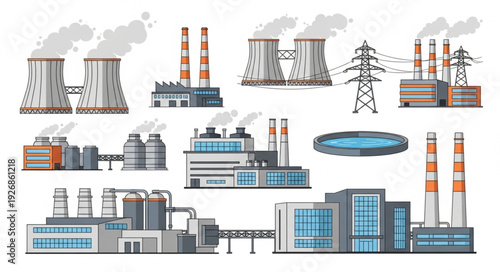 Industrial power plants and factories emitting smoke into the atmosphere, polluting the environment.