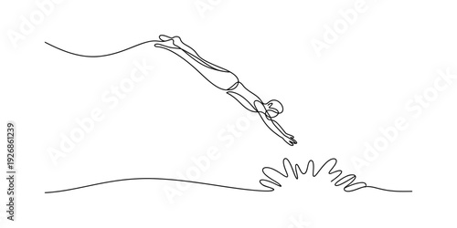 Continuous one line drawing of a professional diver jumping into the swimming pool with a splash. Vector, illustration