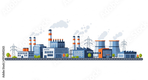 Industrial complex illustration showcasing factories and power plants with smokestacks and cooling towers.