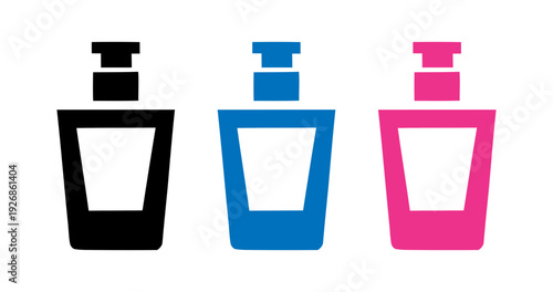 Set of perfume bottles in black, blue, and pink