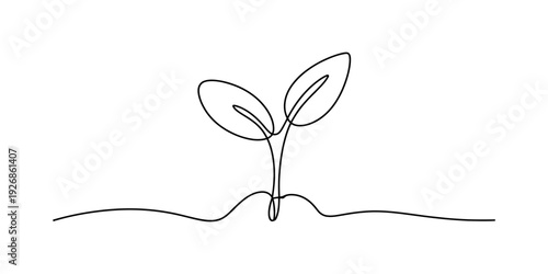 Minimalist black and white continuous line art illustration of a young sprout growing from soil. Vector, illustration