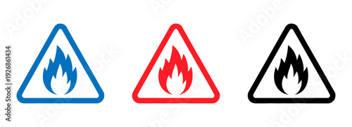 Three fire hazard symbols with different color codes and meanings