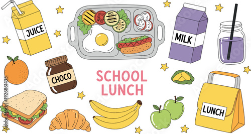 School Lunch Collection with Sandwich, Fruit, Milk and Lunchbox Cute Hand Drawn Flat Vector Illustration Set