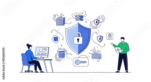 Cybersecurity concept with shield and digital icons.