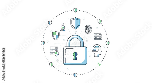 Cybersecurity concept with padlock and security icons.