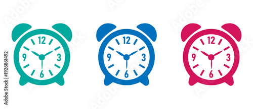 Three colorful alarm clocks illustration, digital art, vector design