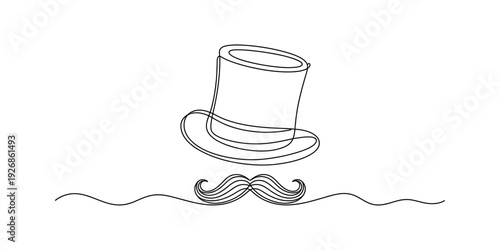 Minimalist line art illustration of a classic top hat and a stylish handlebar mustache. Vector, illustration