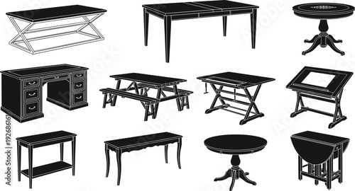 Table collection set including coffee desk dining drafting and folding tables isolated vector illustration