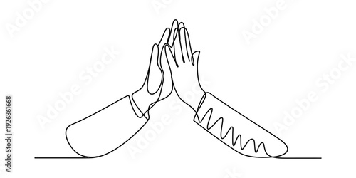 Continuous line drawing of two hands meeting in a high five or prayer gesture on white Vector, illustration