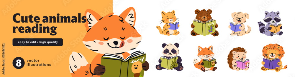 Fototapeta premium Cute baby animals read books set. Funny anthropomorphic kids enjoy novels and fiction. Happy cat, dog, bear are learning with literature. Flat isolated vector illustrations on white background.