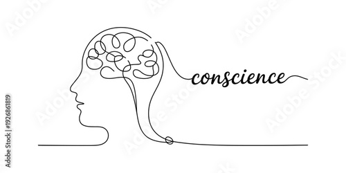 Continuous line drawing of a human head and brain forming the word conscience on white background. Vector, illustration