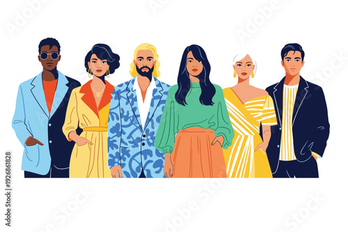 A group of six diverse people standing together in colorful outfits