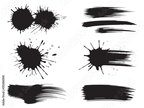 Black Grunge Brush Strokes and Ink Splatter Set