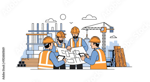 Construction workers collaborating on blueprints at a site.