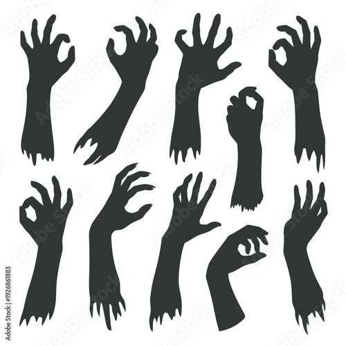 Numerous black silhouettes of reaching and grasping zombie hands on white