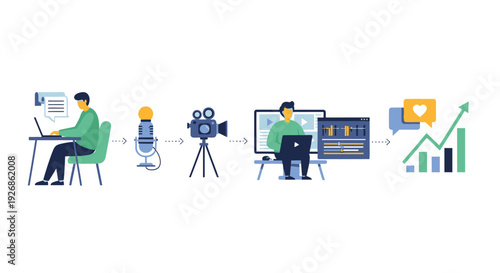 Content creation process from idea to analytics visualization.