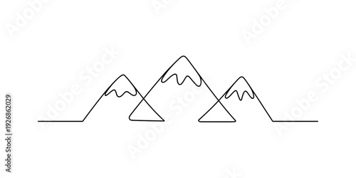 Minimalist continuous line drawing of three snow-capped mountain peaks on a white background Vector, illustration