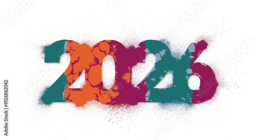 Colorful 2026 text with grunge effect on white background for design