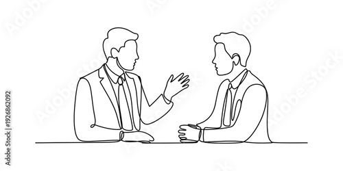 A continuous line art illustration of two professional men in suits talking in a business meeting Vector, illustration