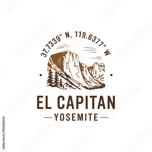 Illustration of el capitan mountain with yosemite national park coordinates
