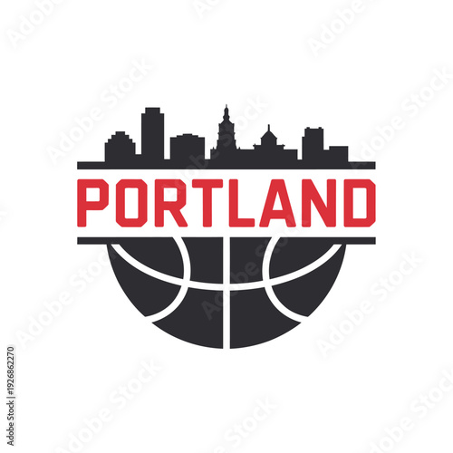 Portland trailblazers logo featuring a cityscape and basketball