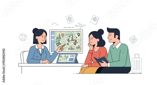 Couple consulting with travel agent about vacation destination.